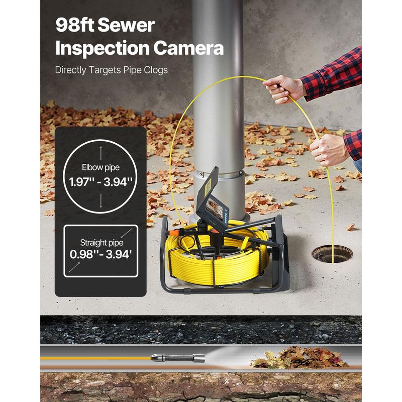 Sewer Camera 30M Cable Pipeline Inspection Camera 11cm TFT LCD Monitor Pipe Camera Screen Waterproof IP68 Duct Inspection Camera with 6PCS LEDs 8500MAH Lithium Battery, DVR Function, 30M