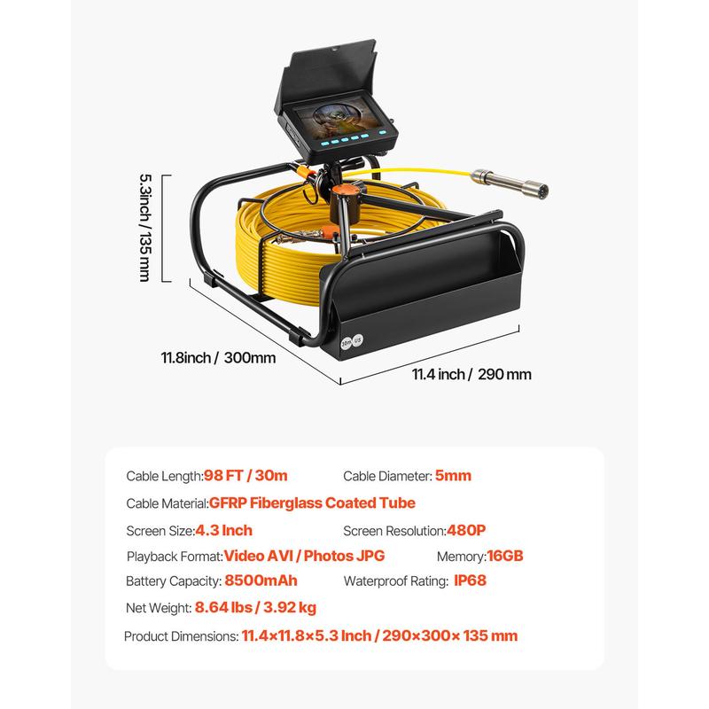 Sewer Camera 30M Cable Pipeline Inspection Camera 11cm TFT LCD Monitor Pipe Camera Screen Waterproof IP68 Duct Inspection Camera with 6PCS LEDs 8500MAH Lithium Battery, DVR Function, 30M