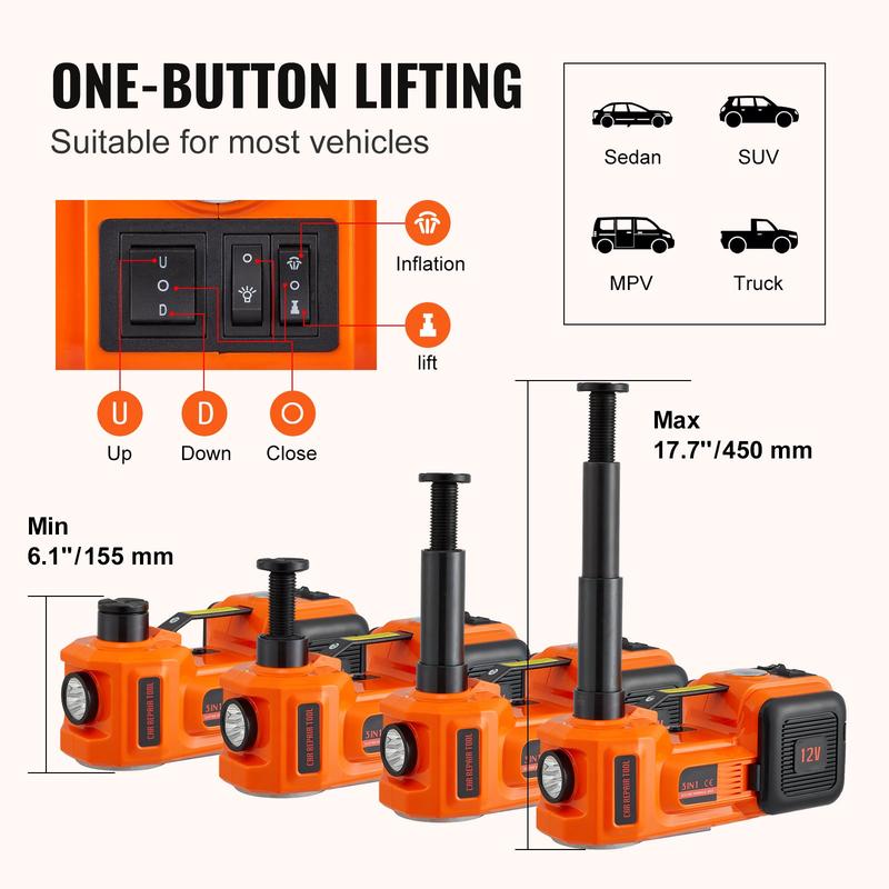 12 in 1 Electric Car Jack Set, Max 5 Ton/11023 LBS Hydraulic Jack with Electric Impact Wrench, Built-in Inflatable Pump and LED Light, Portable Car Lift for SUV MPV Sedan Truck Change Tires Garage Repair