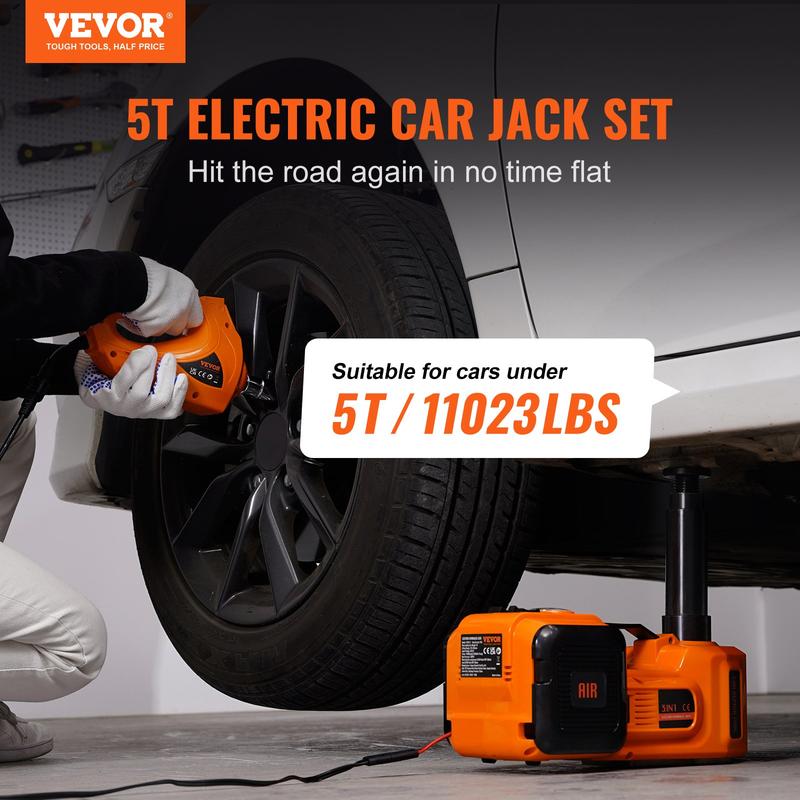 12 in 1 Electric Car Jack Set, Max 5 Ton/11023 LBS Hydraulic Jack with Electric Impact Wrench, Built-in Inflatable Pump and LED Light, Portable Car Lift for SUV MPV Sedan Truck Change Tires Garage Repair
